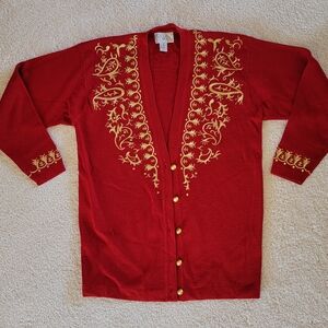 Casual Corner Red Knit Sweater with Gold Embroidery/Size Medium
